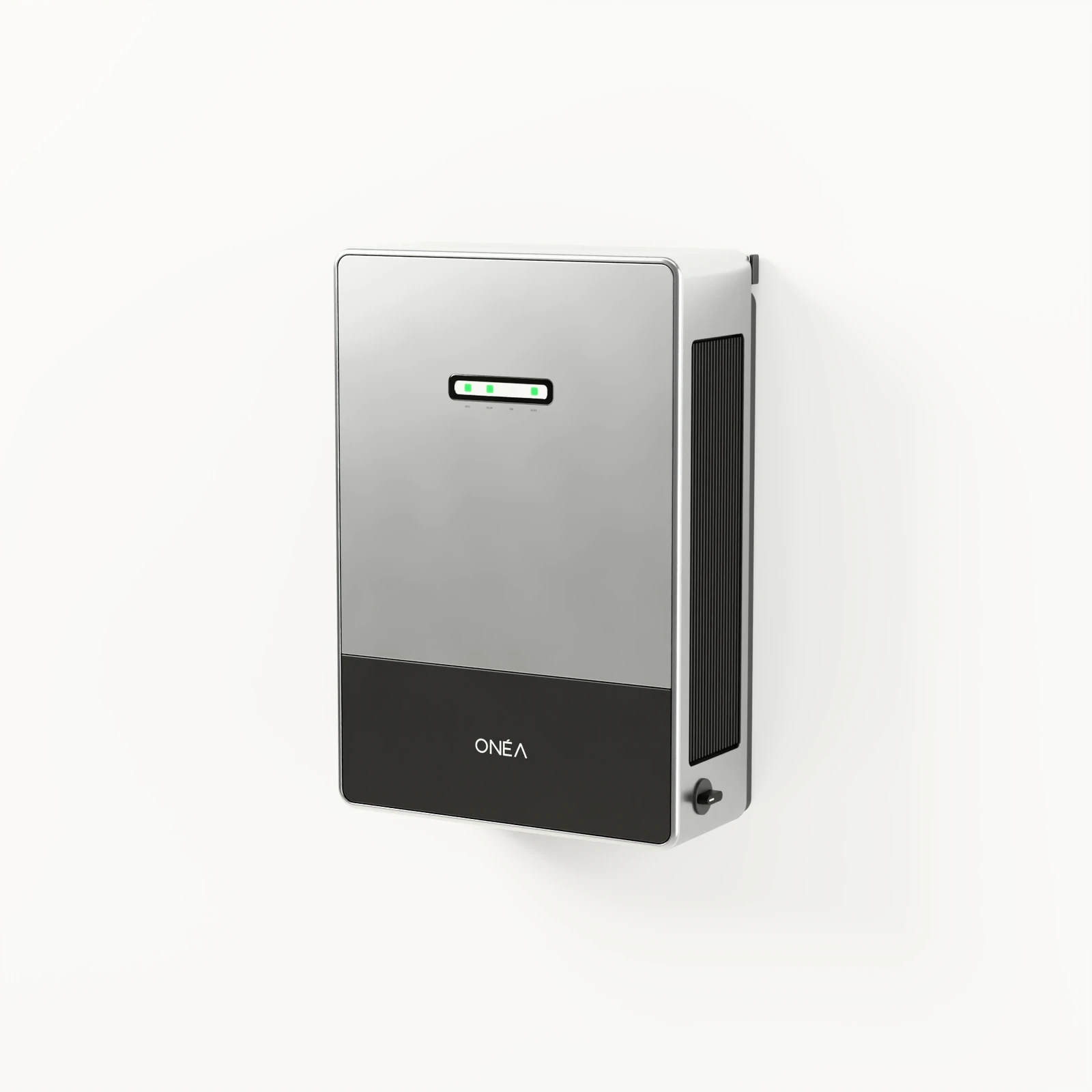 ONÉA CORE hybrid inverter: a silver face with four source lights, a graphite wiring cover and heat-sink fins in its side.