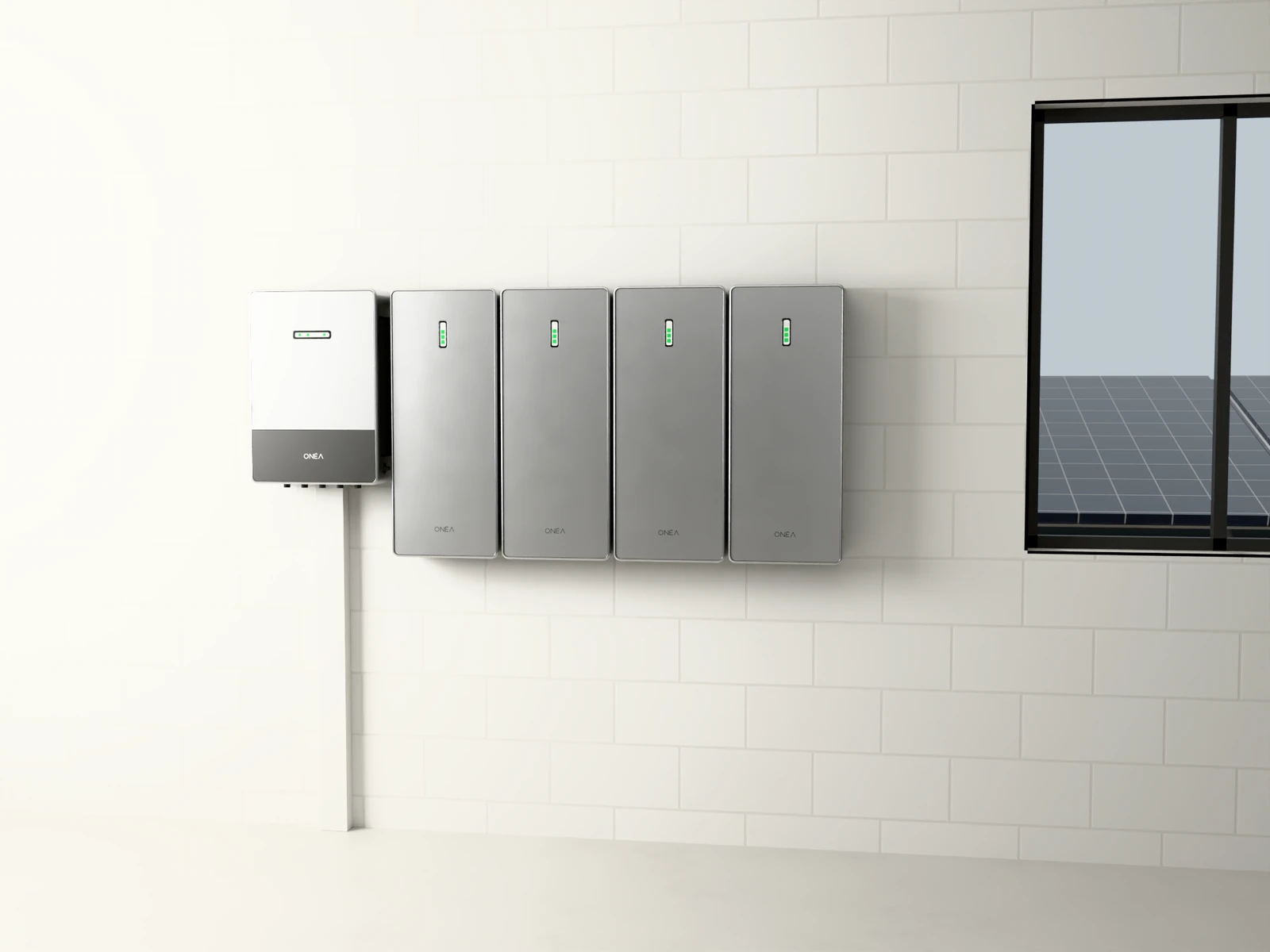Four BLOCK and CORE in a utility room, rooftop solar panels through the window.