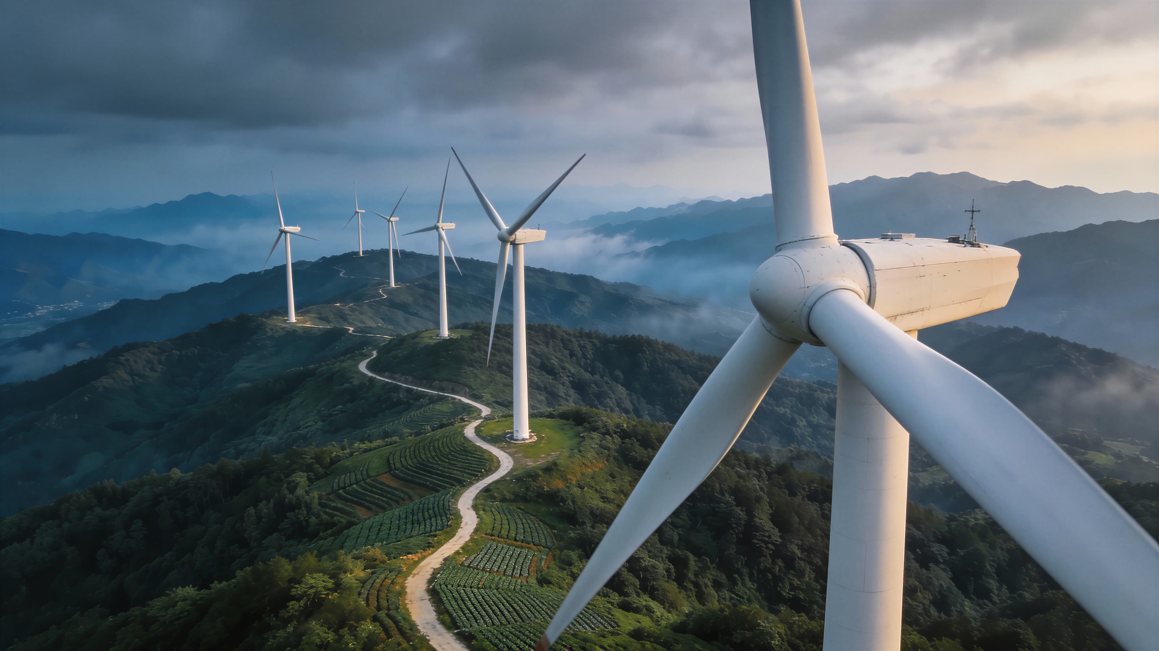 Green tea terraces and a winding path below a ridge of wind turbines.