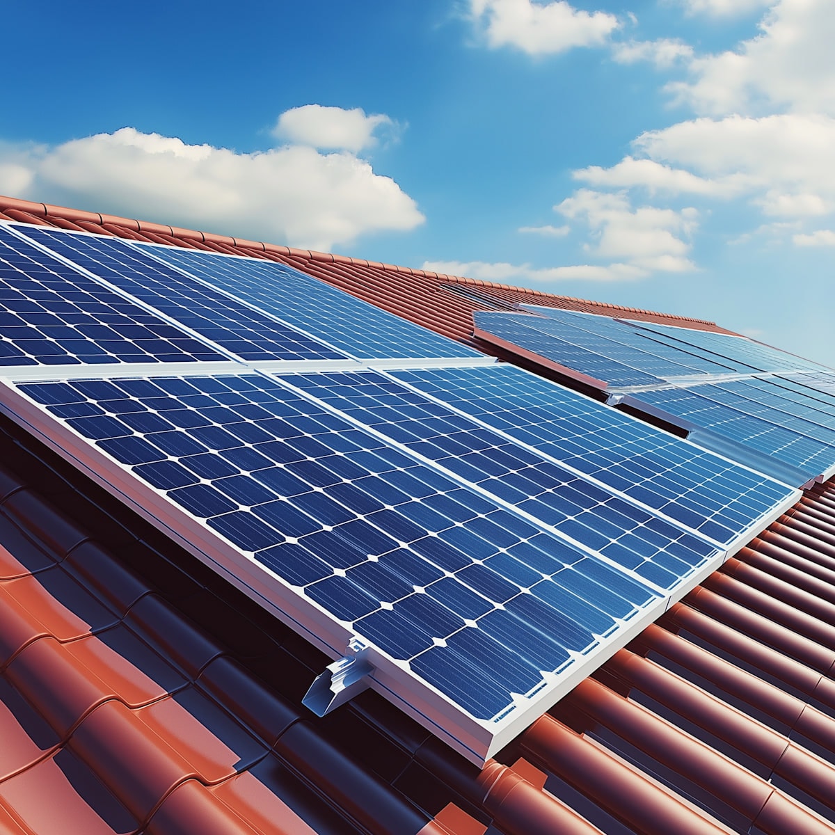 Solar panels mounted on a red tiled roof under a bright blue sky.