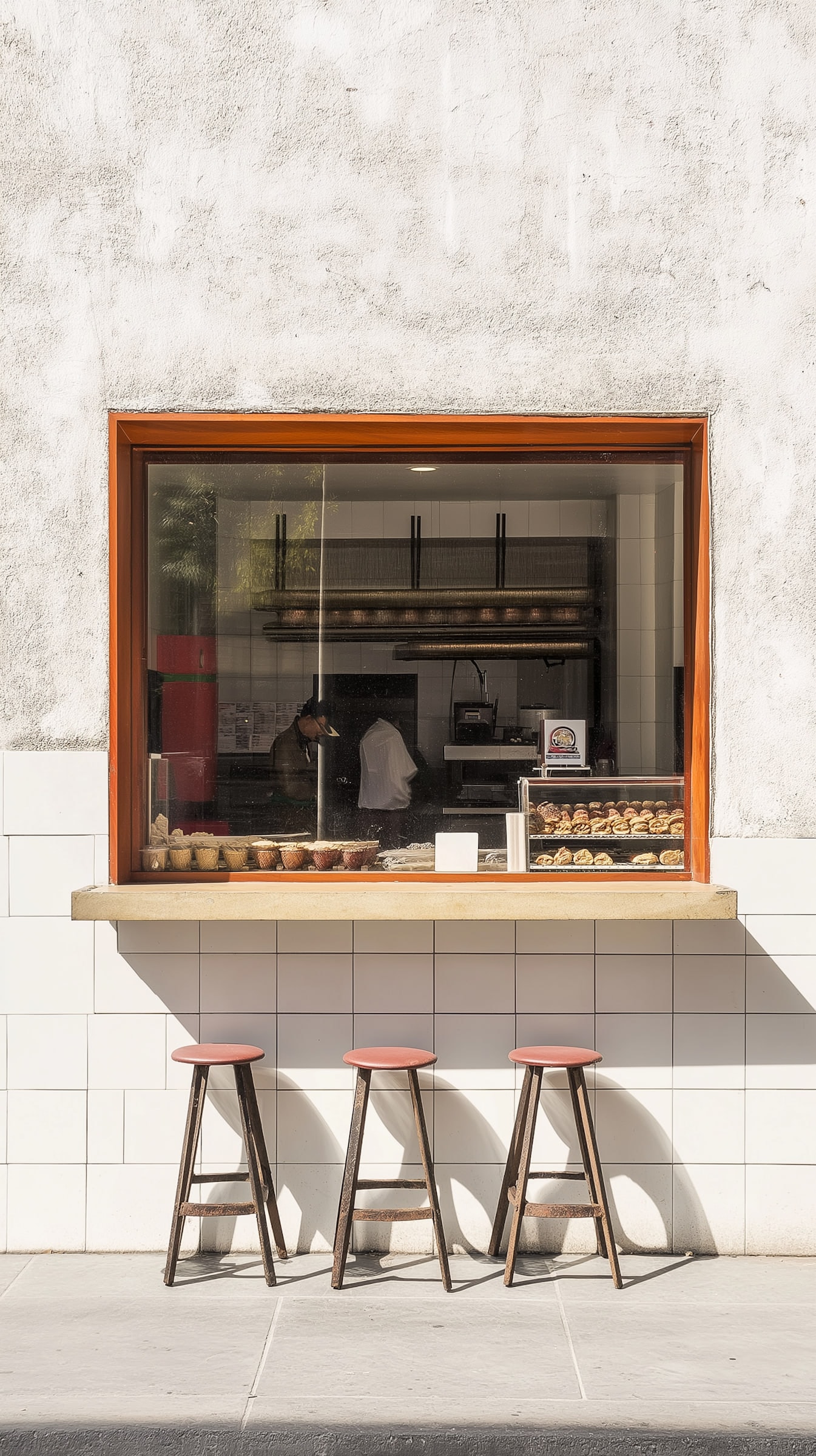A small bakery window set into a white tiled wall, bakers at work inside and three stools beneath the ledge.